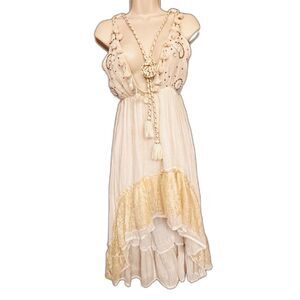 SMF Boho Embroidered Beachy Romantic Cottom Laced Beaded Asymmetrical Dress S
